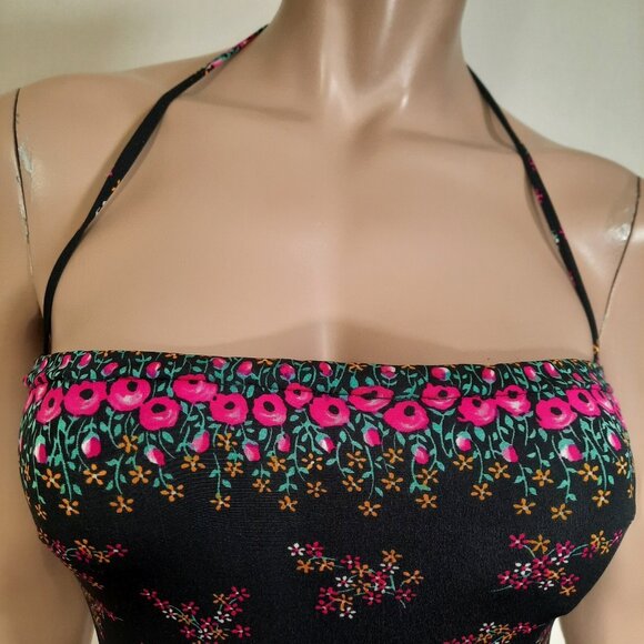 Vintage 70s Slix Swimsuit Black Pink Floral Halter Bathing Suit One Piece XS - Picture 4 of 14